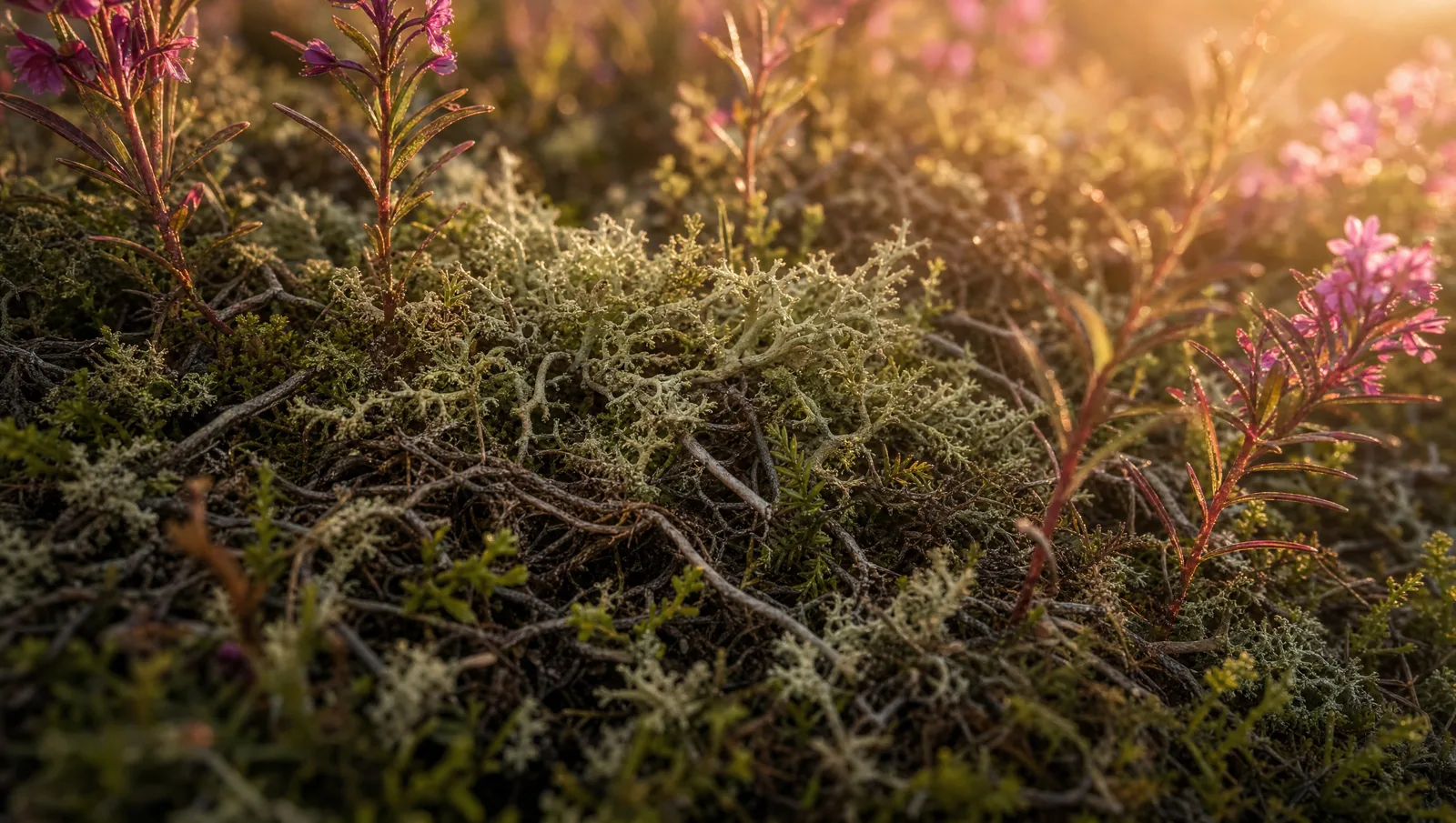 Moss, lichen and young plants growing together across a sunlit forest floor.
