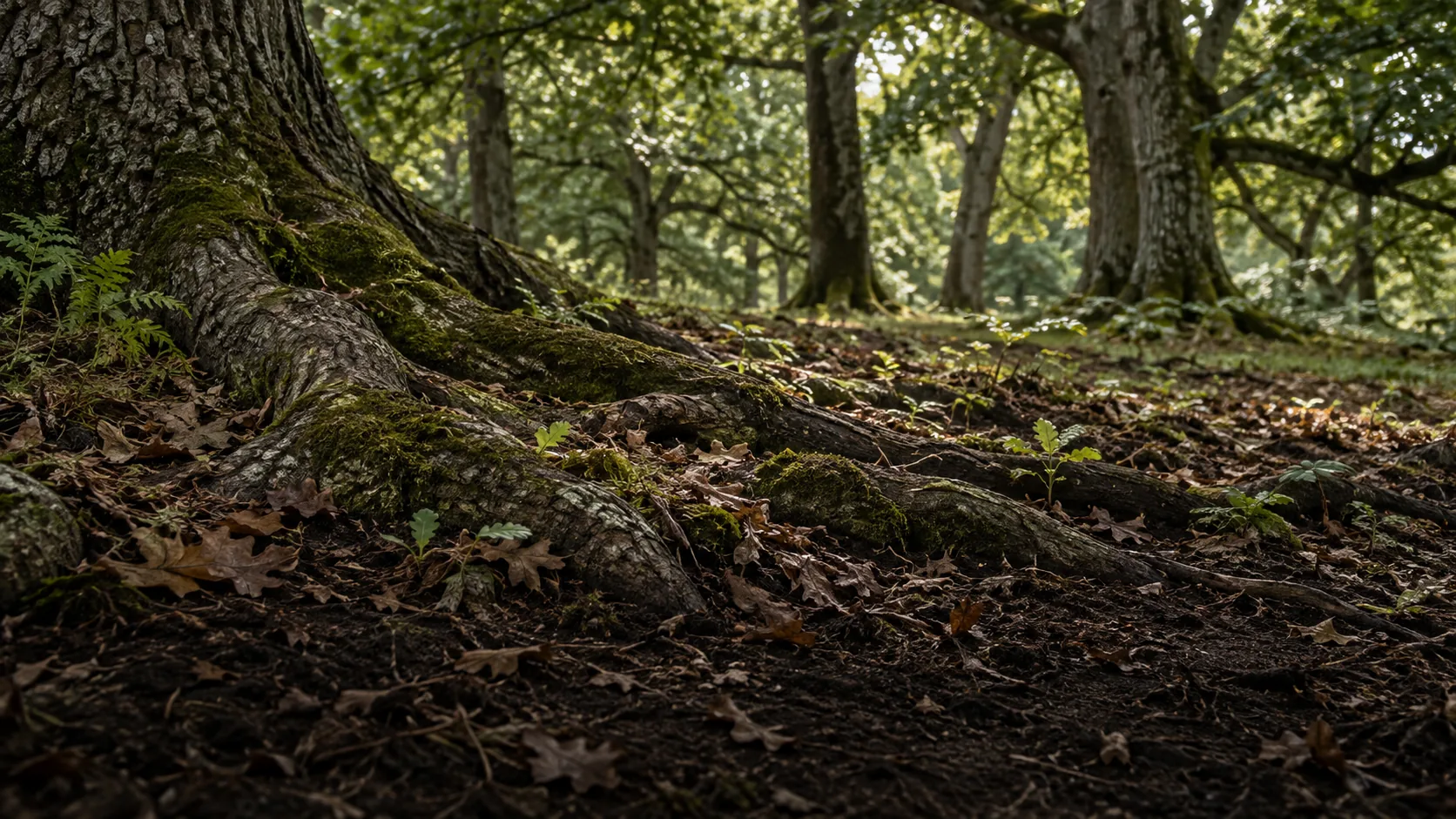 Oak roots meeting soil, fallen leaves and small seedlings on the forest floor; an AI-generated illustration.